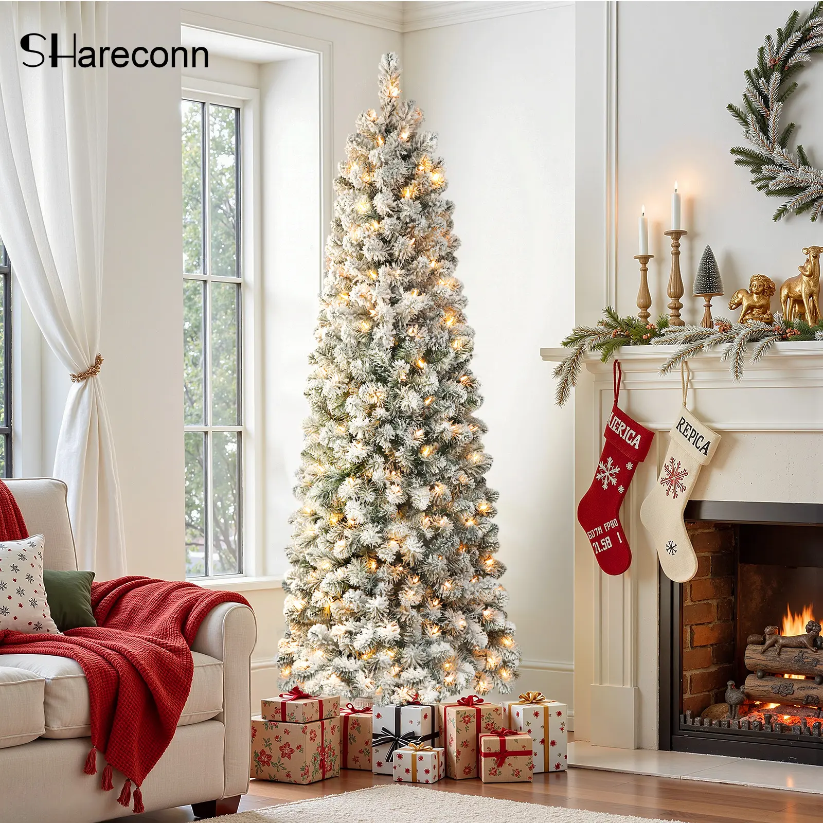 【Christmas in July】SHareconn 2026 6/7.5/9FT Pre-lit Snow Flocked Slim Christmas Tree with Warm White Lights & Dense Snow Flocked Branches Ideal Pencil Tree Decoration for Festive Home Decor