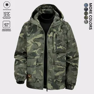 Men's autumn and winter camouflage windproof hooded jacket, fashionable multi pocket functional outdoor work jacket, with large pockets and drawstring hood, suitable for daily leisure, hiking, camping wear
