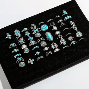 50 pcs/set  Retro Bohemian Turquoise Inlay Ring Set real rings, non tarnish rings, western jewelry,ring set