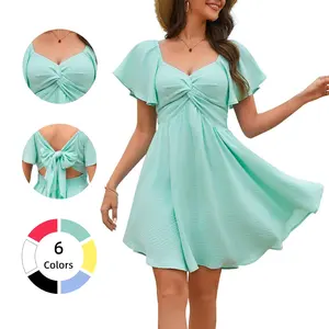 Chicovar Women's Summer Sweetheart NecklineKnot Front Flowy Mini Chiffon Dresses , Flutter Sleeve, Tie-Back, A-Line Cut, No Scratchy, No Sheer, Wedding Guest,Bridal Shower, Church, Party, Casual, or Daily Wear