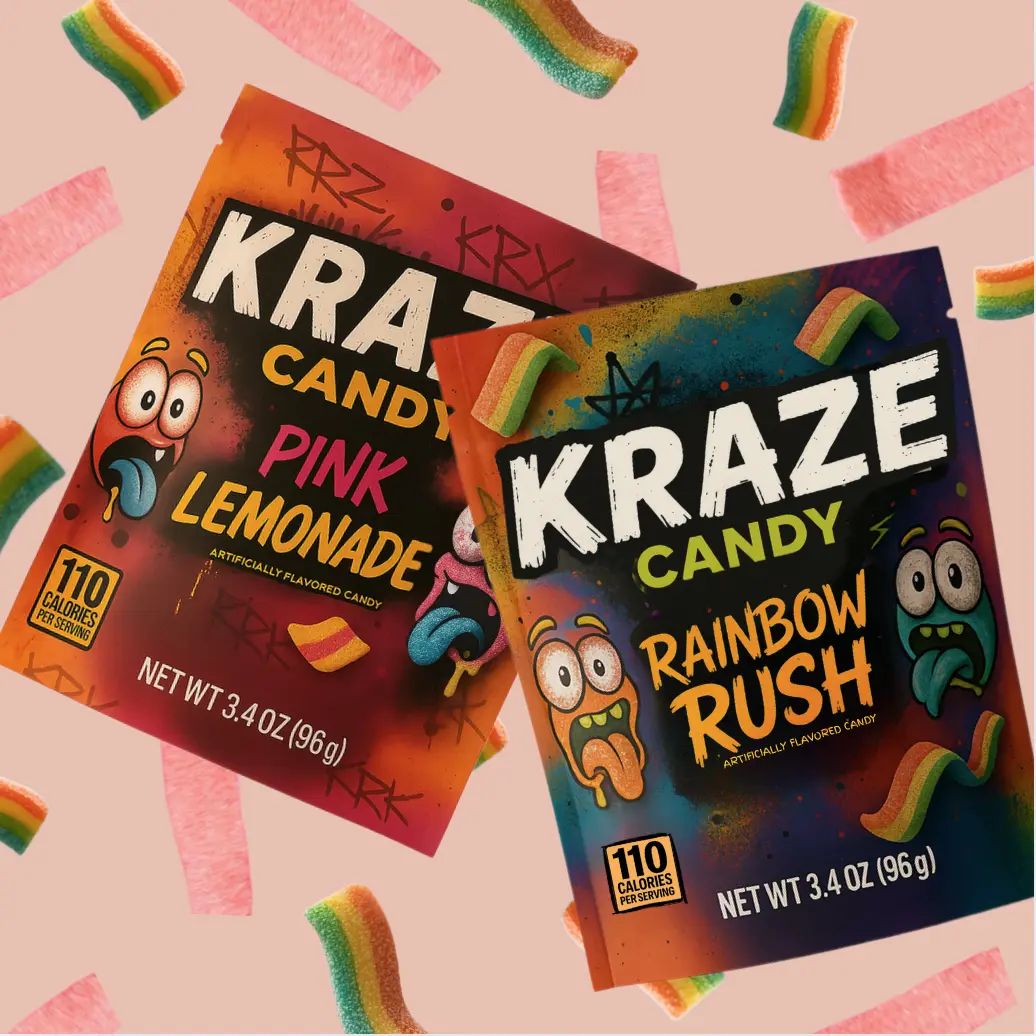 KRAZE Candy 2-Pack Flavored Rainbow Rush & Pink Lemonade Super Sour Candy Belts - Vegetarian, Fresh & Chewy, Mouth Watering Flavors, Snack, Sweet Candies  Tangy & Vegan