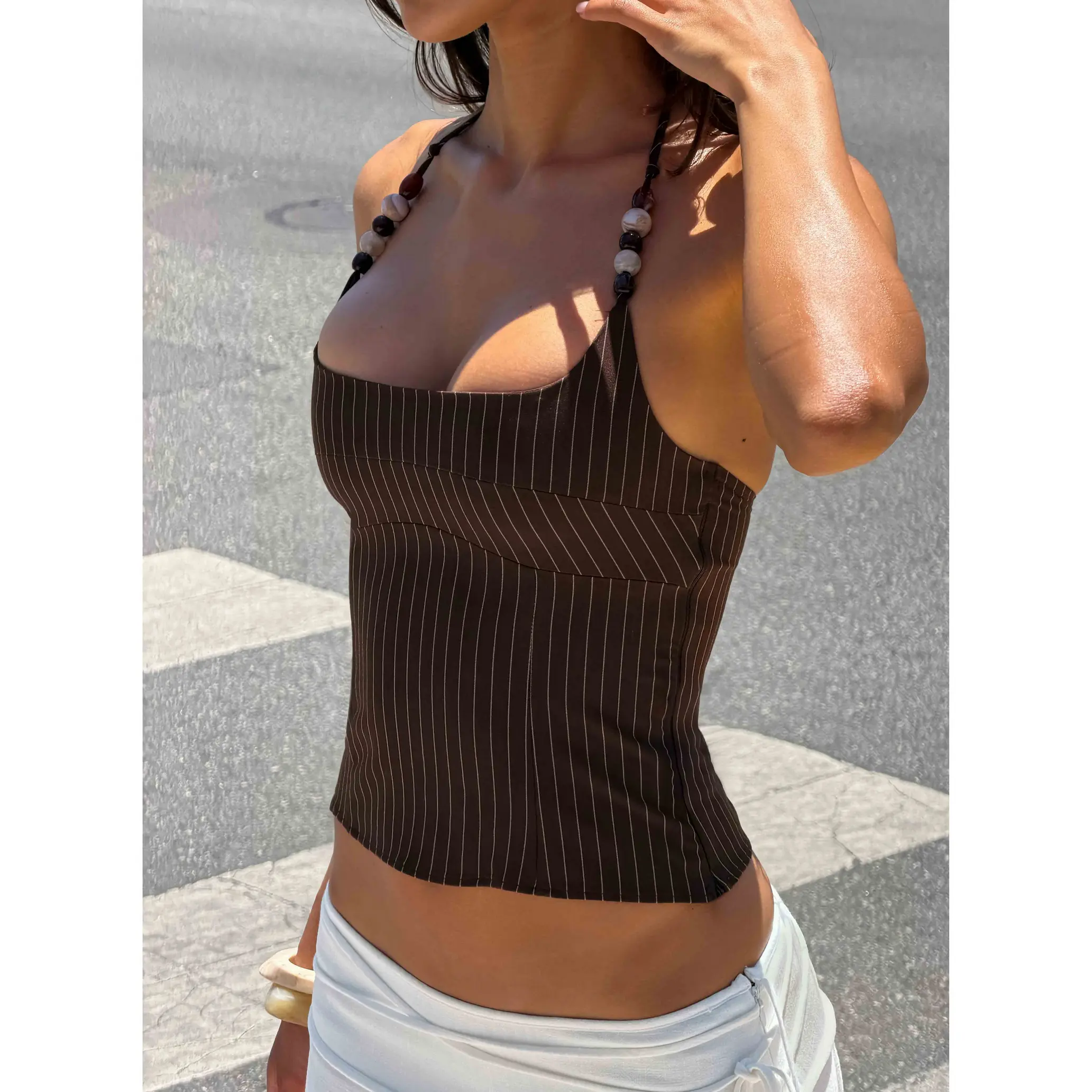 Cherise Bead Detail Top Brown Pinstripe
