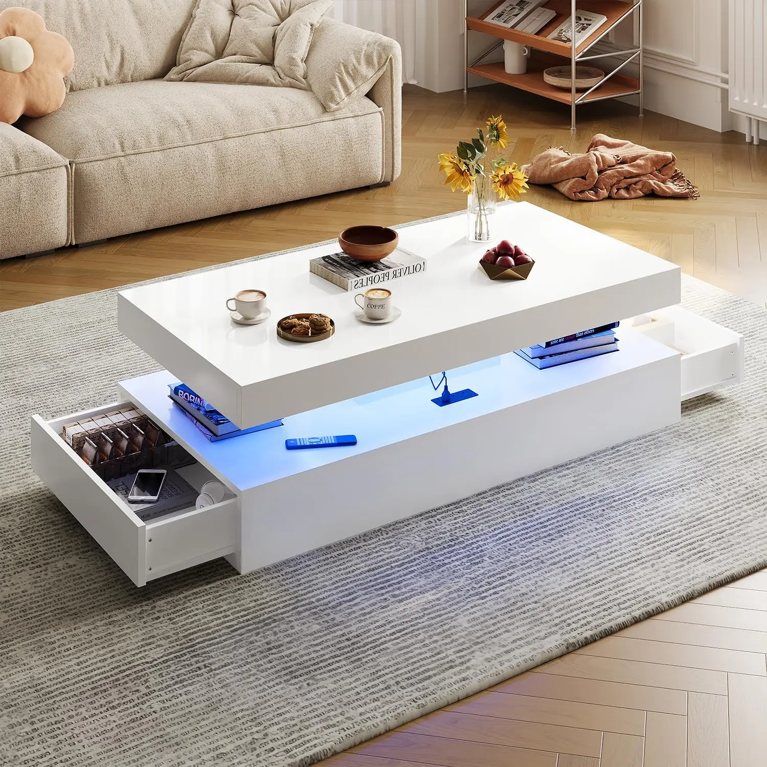 47” High-Glossy LED Coffee Table with 2 Sliding Drawers Modern Stylish Double-Layer Center Tables White Living Room Storage with LED Lights