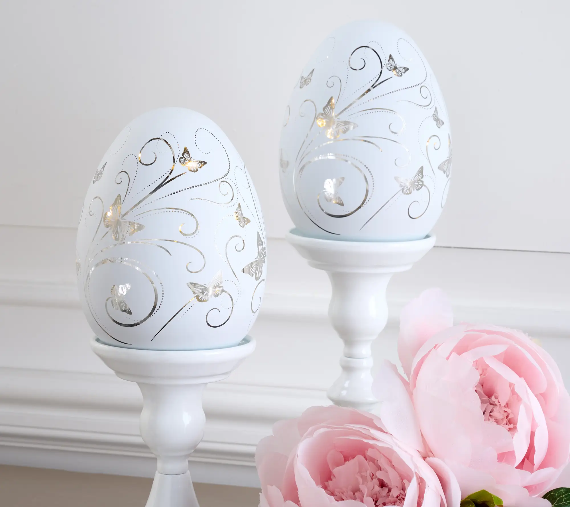 Set of 2 6" Lit Butterflies in Flight Glass Eggs by Valerie