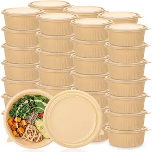 50 Sets Round Meal Prep Bowl Containers with Lids, 30 oz Disposable Meal Prep Cornstarch Round Plant Based Lunch Box for Salad Deli Soup Takeout Containers, Microwave Freezer Safe