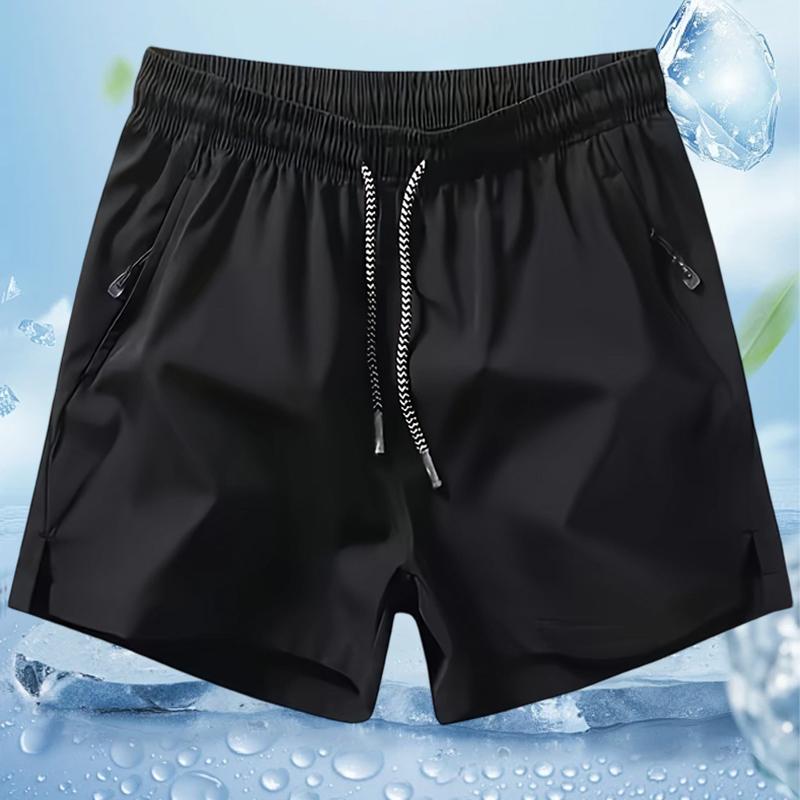 Men’s solid-color minimalist drawstring  with zippered pockets; men’s   -waist pocket shorts;  summer men’s sports bottoms; everyday wear, suitable for spring and summer. Quick-Dry Elastic Athletic Shorts Set Casual Breathable