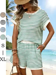 Women's Striped Knit Short Sleeve Shorts Set, Womenswear, Casual Summer Homewear, Stripe, Beach Vacation Style, Outdoor Wear Sleepwear