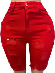 High Waist Distressed Denim Bermuda Short,Ripped Jeans Shorts with Raw Hem.