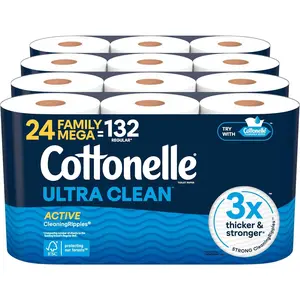 Household Ultra-Clean Toilet Paper with Active Cleaning Ripple Texture, Strong Bath Tissue Sheets, 24 Family Mega Rolls (4 Packs of 6) = 132 Regular Rolls, Multi-Use Wipe Alternative