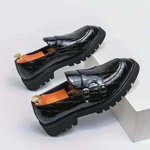 Men's Platform Casual Shoes, All-Season Business Formal Wear Shoes Suitable for Party, Slip-on round Toe Shoes with PU Upper and Rubber Sole