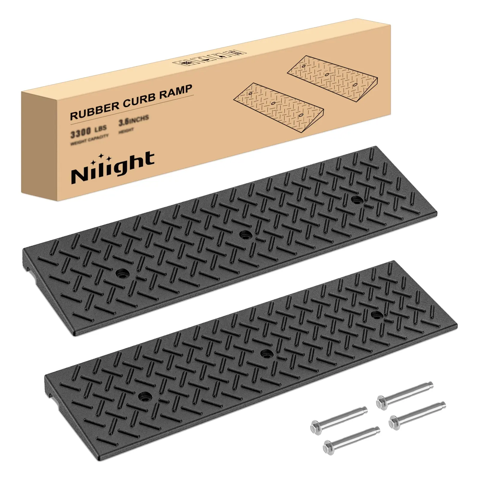 Nilight 1.6In Heavy-Duty Rubber Curb Ramps (Pair) - 6600lbs/Pair Load Capacity, Textured Anti-Slip Surface, Pre-Drilled Hollow Grid Structure, Side Drainage Holes, Optimized Incline Angle for Car, Driveways, Doorway Transitions