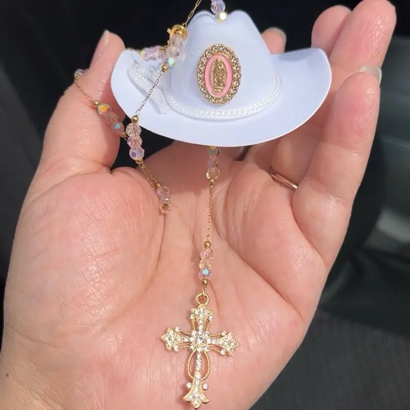 Virgin Mary Car Blessing Charm - Handmade Protection Gift Decoration with White Sombrero, Cross Pendant, car accessories , pink beaded chain, pink charm