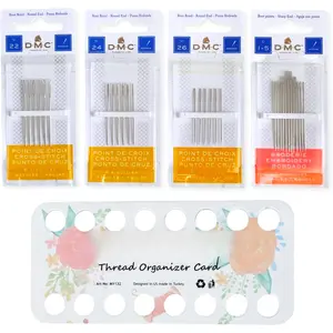 DMC Size 22-24-26 (3 Pack) Cross Stitch  Kit, Large Eye Blunt End , DMC Size 1-5 Embroidery  with  Thread Holder Card (Total 30 , 1 Organizer Card)