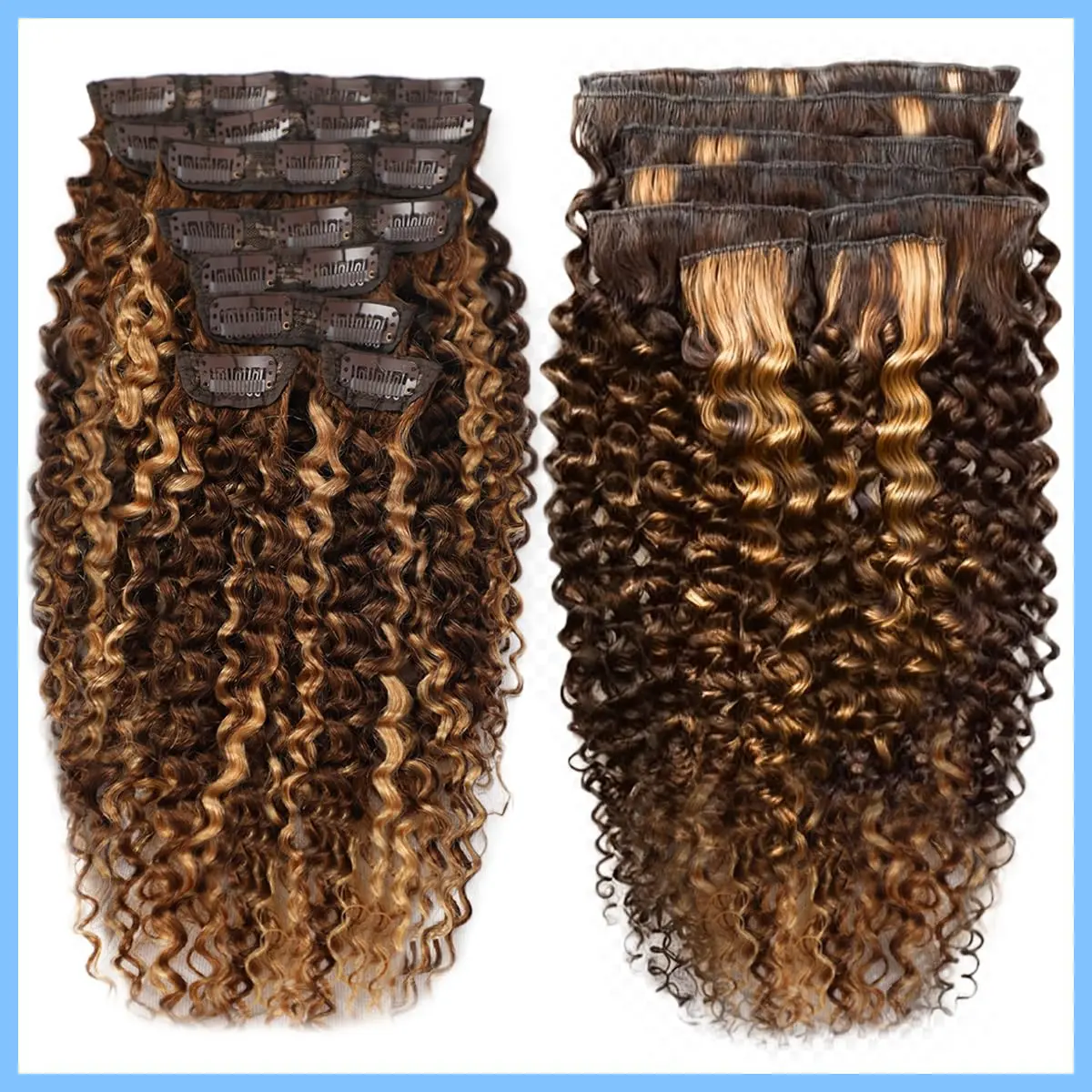 Highlight Ombre Honey Blonde 4/27 Kinky Curly Clip Ins 110g 8pcs 3C 4A Curly Clip In Hair Extensions Real Human Hair Full Head for Women 100% Brazilian Remy Human Hair Extensions with 20 Clips