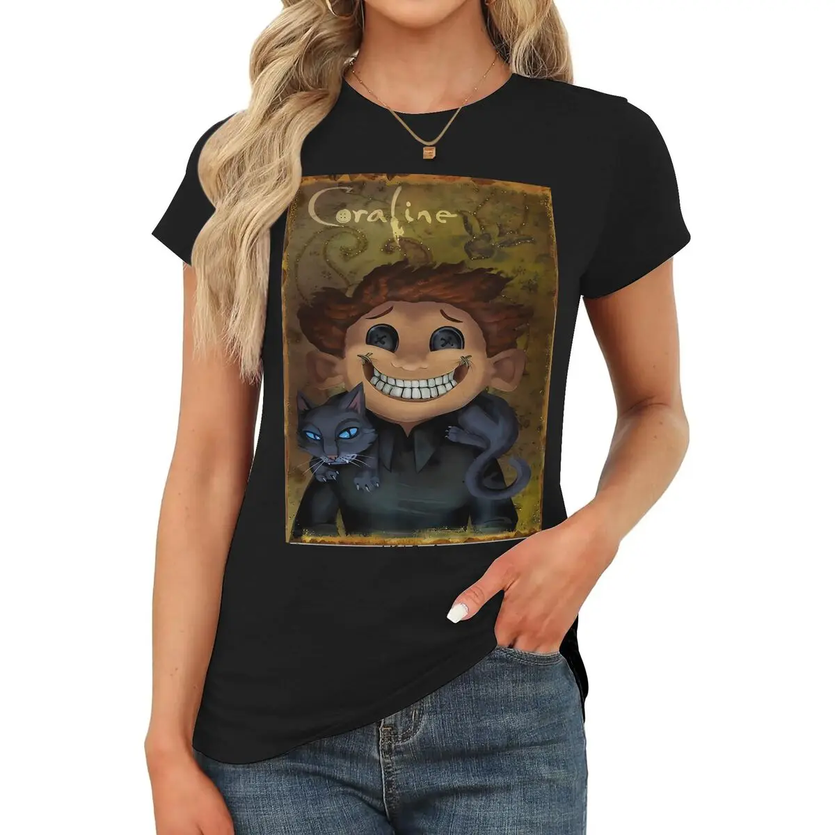 Women's Cute Coraline Graphic Short-Sleeve Cotton Fitted Round Neck T-Shirts - Teacher & Baby-Friendly Style, Simple Casual Summer Tops for Birthday, Party Occasions, Shortsleeve, Comfortable, Graphic Print, Lady, Soft Blend