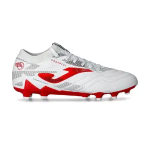 Joma Powerful 2502 White Firm Ground Soccer Cleats with Red Accents and Firm Ground Sole Design