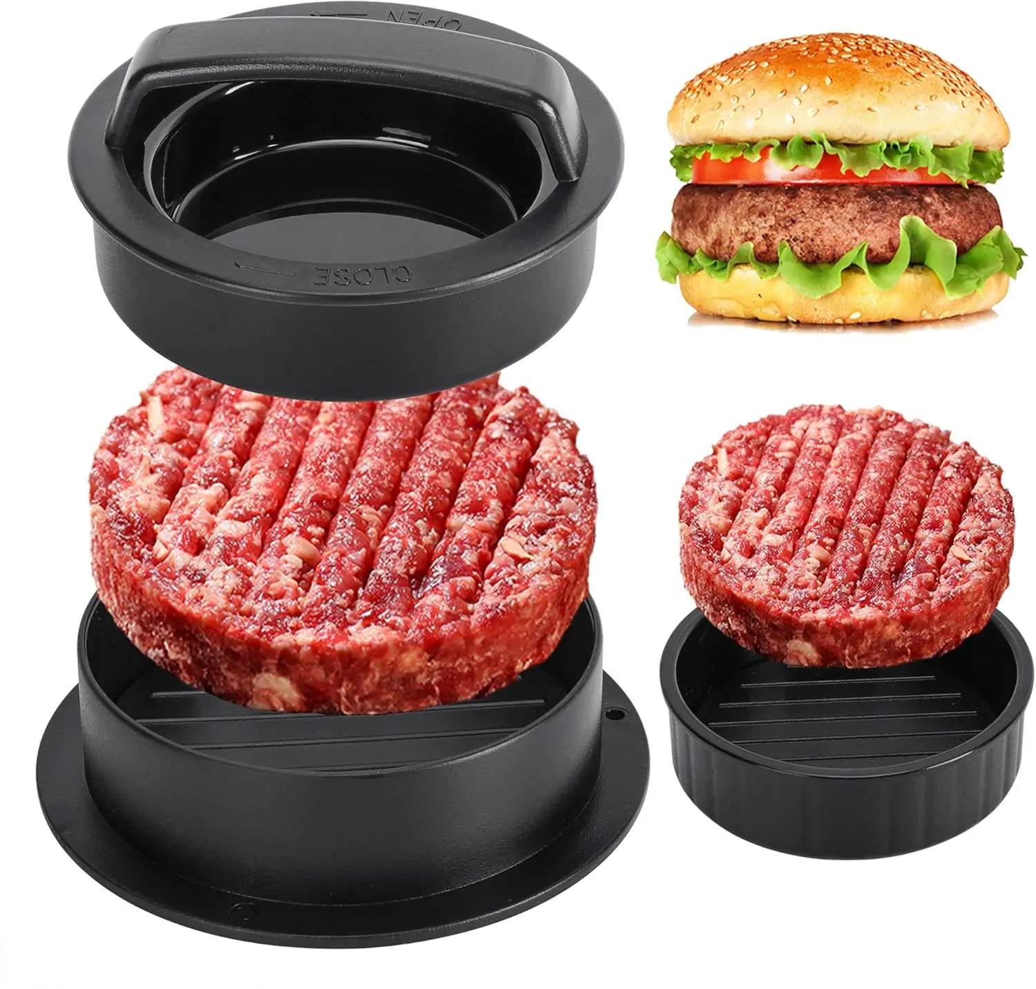 3-in-1 Nonstick Plastic ABS Kitchen Utensils Set - Reusable Grilling Burger Press & Meat Stuffing Machine with Detachable Indent Press, Larger Bottom Base, Small Top Base, Parchment Papers for Adults