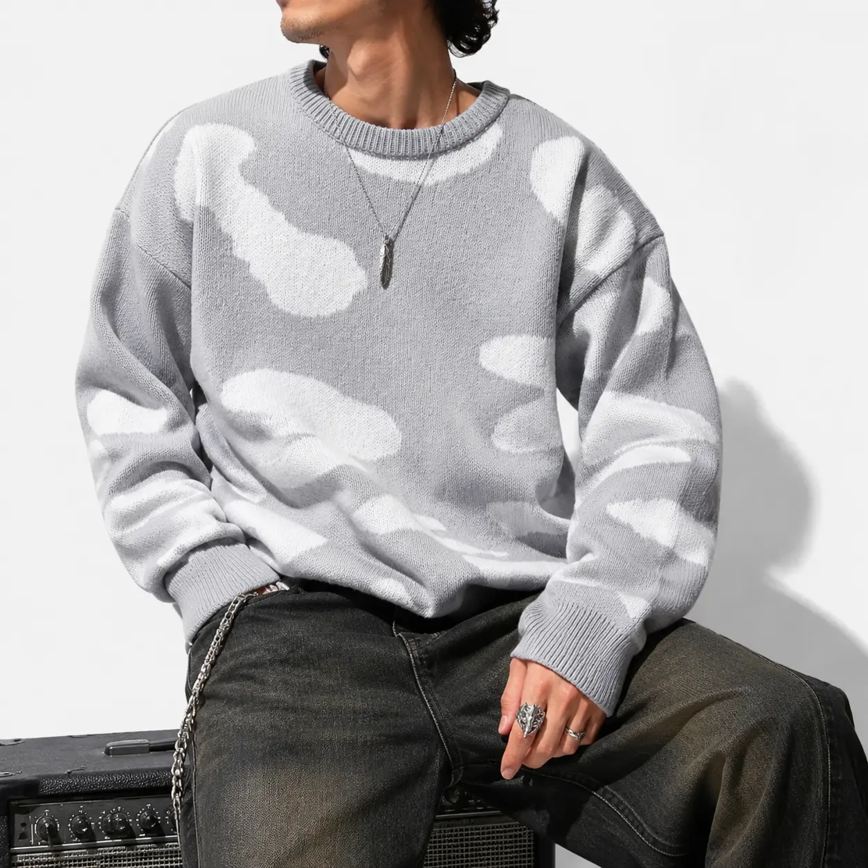 Men's Oversized Grey Cloud Print Sweater Crewneck Long Sleeve Knit Pullover Y2K Aesthetic Streetwear Casual Slouchy Jumper Tops Fall Winter Warm Cozy Outerwear Abstract Camo Sweaters for Guys Teen Boys Soft Chunky Knitwear Fashion Apparel