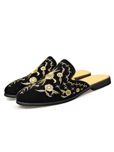 Men's Vintage Slip-On Mules, Velvet Gold Thread Embroidery, Soft Sole Anti-Slip Outdoor Shoes, Sizes 38-48, Spring Summer New Arrival, Footwear