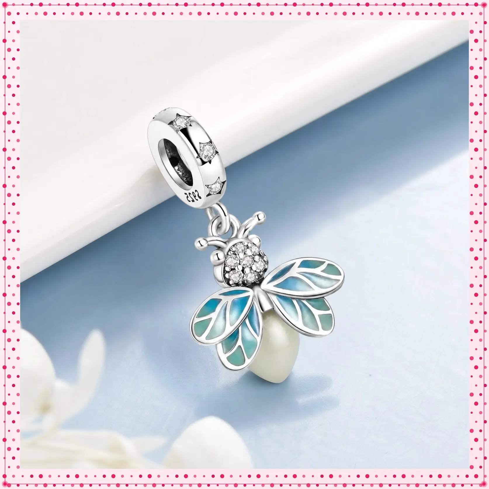 MULA Women's Silver-Plated Anti-Oxidation Non-Tarnish Firefly Luminous Pendant - Blue Enamel Crystal Inlays, Midsummer Night's Dream Collection, Bracelet-Compatible Charm, Personalized Anniversary Costume Jewelry Gift for Women, Emotes Hope And Guida