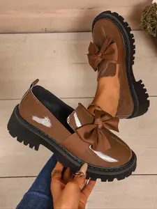 Women's Fashion PU Leather Butterfly Decorated Loafers, Casual Slip-On Shoes with Large Bowknot, Comfortable All-Season Footwear for Daily Wear