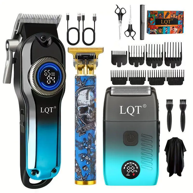 LQT 3-in-1 Cordless Barber Grooming Kit, Street Art Hair Clipper with LCD Display, Skull T-Trimmer & Foil Shaver, USB Rechargeable Set for Men, Plastic, Lcd Screen, Batteries, Usb Cable, Home Haircut