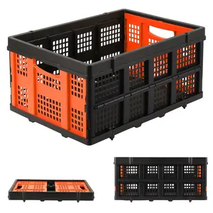 Garvee Collapsible 55L Foldable Plastic Milk Crate with Side Handles, Heavy Duty Stackable Storage Containers for Food, Drinks, Books, Tools, Durable Orange Folding Storage Basket