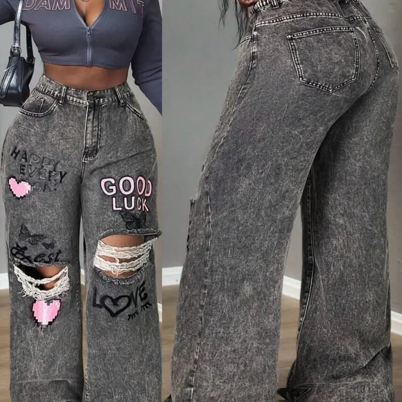 Slaydiva Women's Plus Size Grey Denim Extra Long Jeans With Ripped Knees And Graphic Prints Western Wear Women