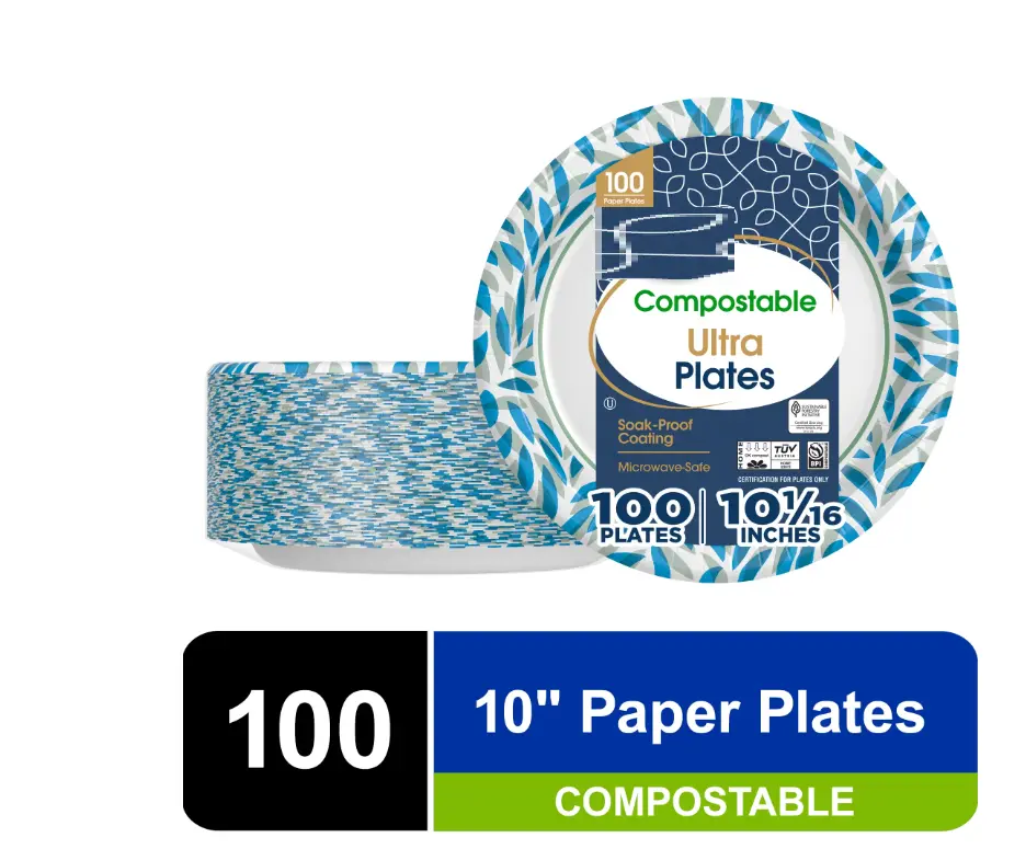 Compostable 10" Disposable Paper Plates, Multicolor, 100 Count