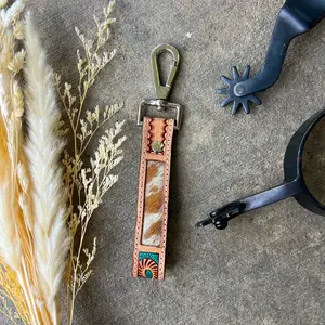 Turquoise Trails Tooled Leather & Cowhide Keychain – Silver Clip