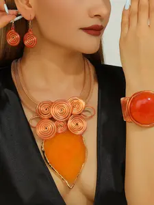 Bohemian Style Honey Wax Leaf Pendant Necklace Earrings Bracelet Set, Bohemian Charm, Colorblock Design, Metal Material, All Seasons Jewelry