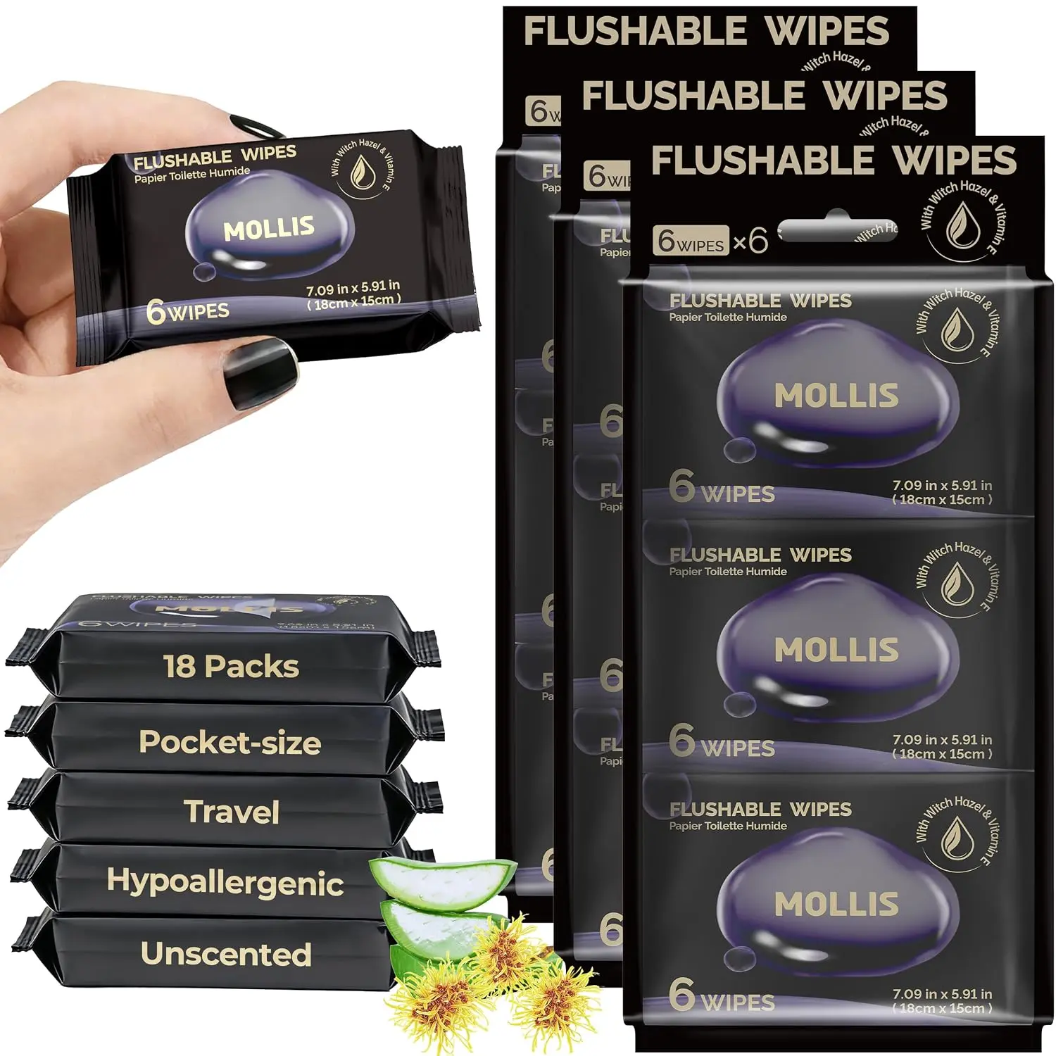 MOLLIS Flushable Toilet Wipe Sheets, Unscented Large Pack, Compact & Lightweight, with Witch Hazel & Vitamin E, 100% Plant-Based Eco-Friendly, Hypoallergenic Alcohol-Free, Sewer & Septic Safe, Home Care Toilet Paper & Wipes for Home Office Essentials