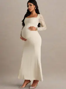 BELLAdresses Autumn And Winter Elegant Contrast Lace Fishtail Hem Maternity Dress, Autumn Maternity Gown For Photoshoot Wedding Dress Long Sleeve Pregnant Dress Maternity White Dress Pregnancy Dress For Photoshoot