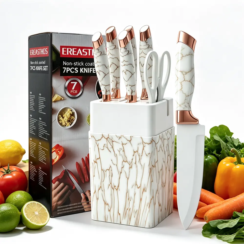 7-Piece Sharp Stainless Steel Non-Stick Kitchen Knife Block Set - Modern Rectangular Block with White Marble & Rose Gold Tools, Shears, Built-in Sharpener | Kitchenware, Knives Kitchen Set, Gift Idea for Cutting