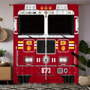 Fashionable Fire Truck Print Curtains, Rod Pocket Window Drapes for Bedroom and Living Room, Comfortable Atmosphere, Easy Installation