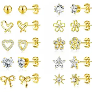CASSIECA Gold Stud Earrings for Women Hypoallergenic - 14K Gold Plated Surgical Steel Earrings for Sensitive Ear Women Dainty Cute Heart Flower Bow Earrings Set Cubic Zirconia Earrings Studs