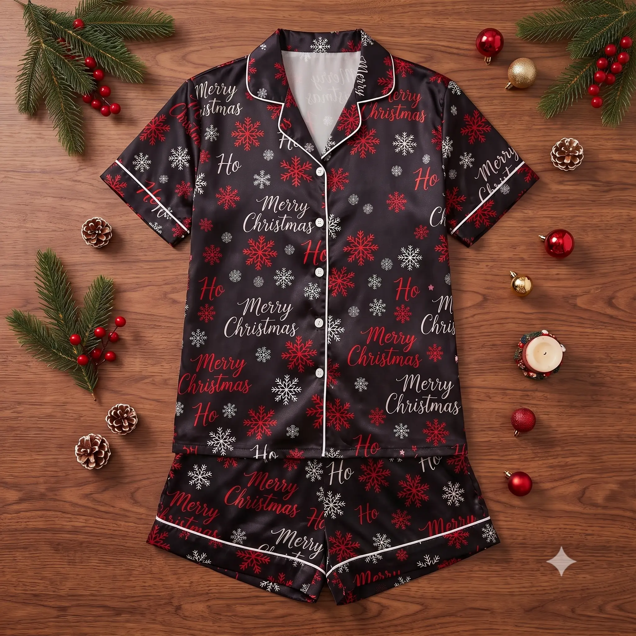 Merry Christmas Satin Pajama Set | Silky Short Sleeve Holiday Sleepwear | Festive 2-Piece Loungewear Gift for Women