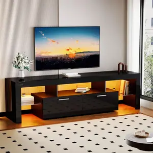 Gloss Black 63/71 Inch LED TV Stand, Fits 75 Inch TV, Modern Mirrored Entertainment Center with Storage Drawers & Lights for Living Room/Gaming Room/Bedroom