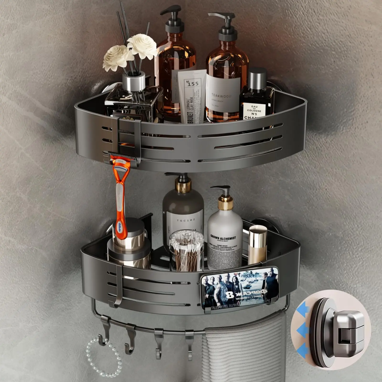 FEELSO 2-Pack No-Drill Space Aluminum Corner Bathroom Organizer - Adhesive 1-Sec Suction Cup Corner Shelves with 8 Hooks, Rustproof Fast Drain Hollow Caddy for Renters, Damage-Free Bathroom Necessities Storage Solution for Tile Walls