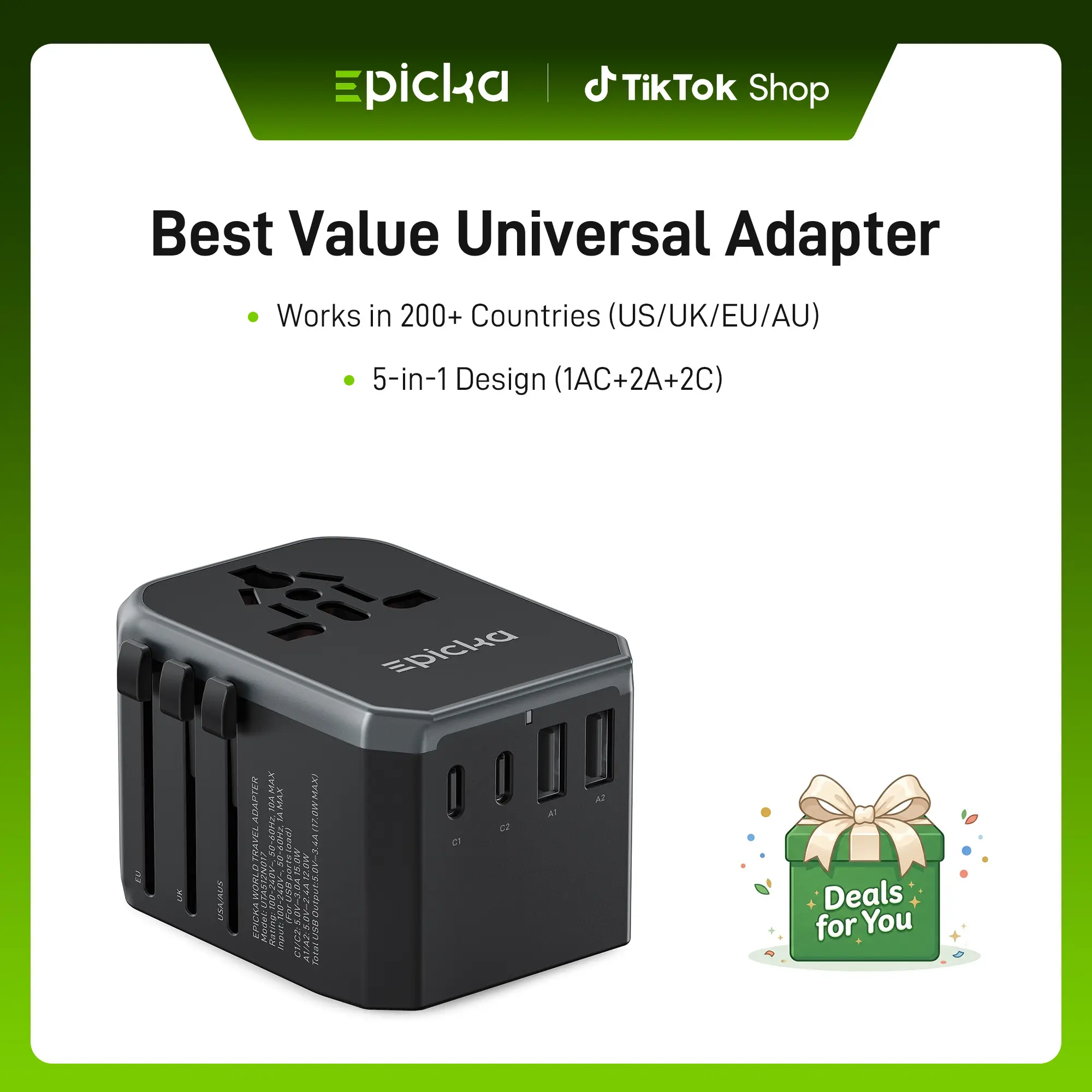 Epicka TA-105S 45W GaN USB C Cellphone Charger - Compact 6-Port Electronic Phone Charger for Travelers, Portable Universal Travel Adapters, Fast-Charging Multi-Socket Compact Multi-Device Adapters, 6 In 1 Multi-Purpose Adapters