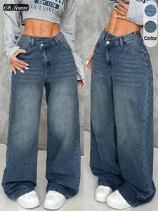 Women's Asymmetric Waist Denim Jeans, Vintage Washed Jeans, Loose Fit Straight Leg Wide Leg Jeans, Comfortable Fashion Design, Daily Wear