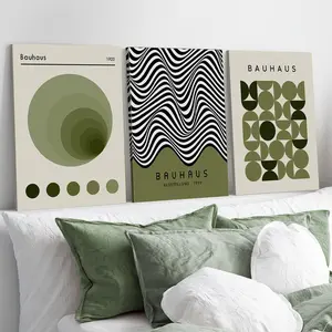 3 Counts Wood Framed Canvas Bauhaus Sage Green Abstract Wall Art, Modern Cool Design, Ready To Hang, Artistic Artwork Wall Painting For Gift, Wall Picture for Living Room, Bedroom, Dining Room, Dorm, Bathroom, Home and Office Wall Decor, Decoration