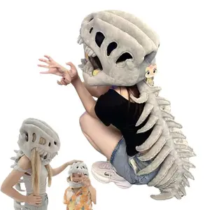 Halloween Dinosaur Costume Set for Adult-Kids, Realistic Plush Skeleton Clothes with Skull Headpiece, Spine Detailing Accessories, Matching Outfit for School Daughters