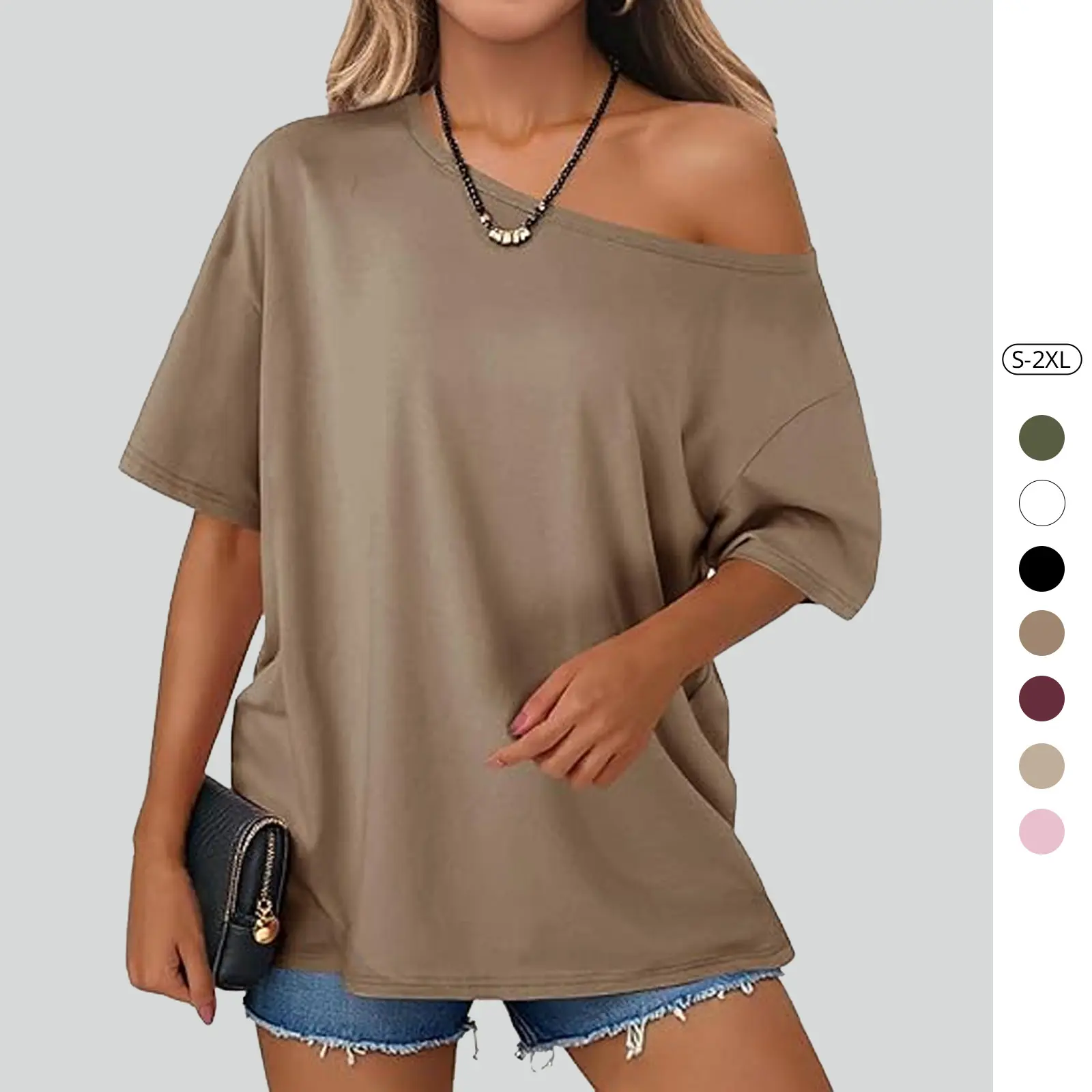 Tankaneo Womens Oversized Off The Shoulder T Shirt Cotton Short Sleeve Casual Tunic Tops Summer Loose Fit Flowy Tees