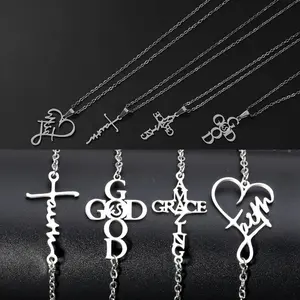 8pcs Stainless Steel Inspirational Christian Jewelry Set with Cross, Faith, Grace Pendants - Heart & Praying Hands Charms - Hip Hop & Vintage Style Necklaces, Bracelets for Women - Durable Everyday Faith-Based for Church Events