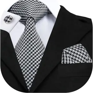Mens Plaid Ties Classic Paisley Necktie with Handkerchief Cufflinks Set Business Stripe Tie