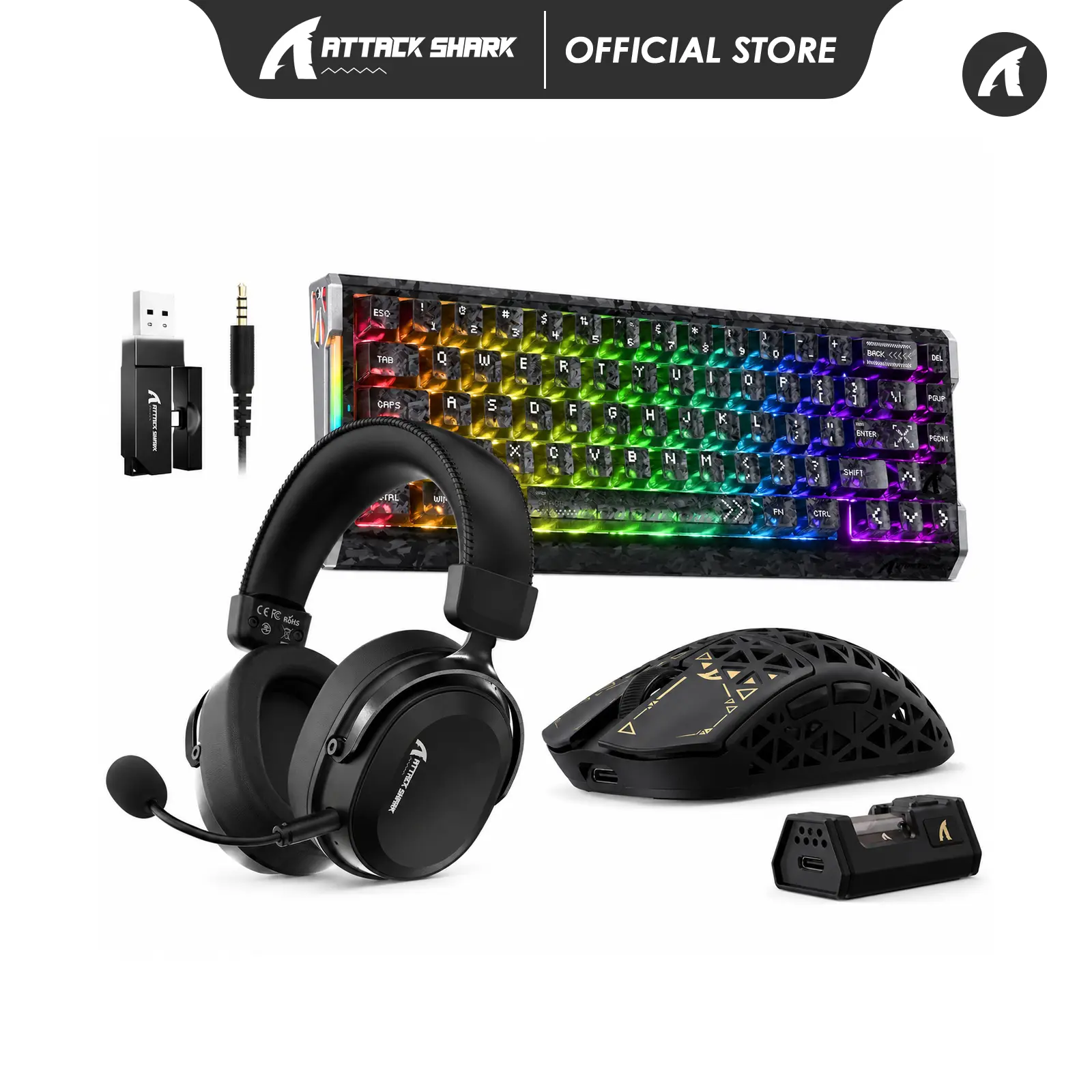 ATTACK SHARK 3-in-1 Gaming Bundle, R68HE Mechanical Keyboard + R5ULTRA Wireless Gaming Mouse + L30PRO Noise Cancelling Over-Ear Headset, Office & Gaming Keyboard Mouse Headphone Combo
