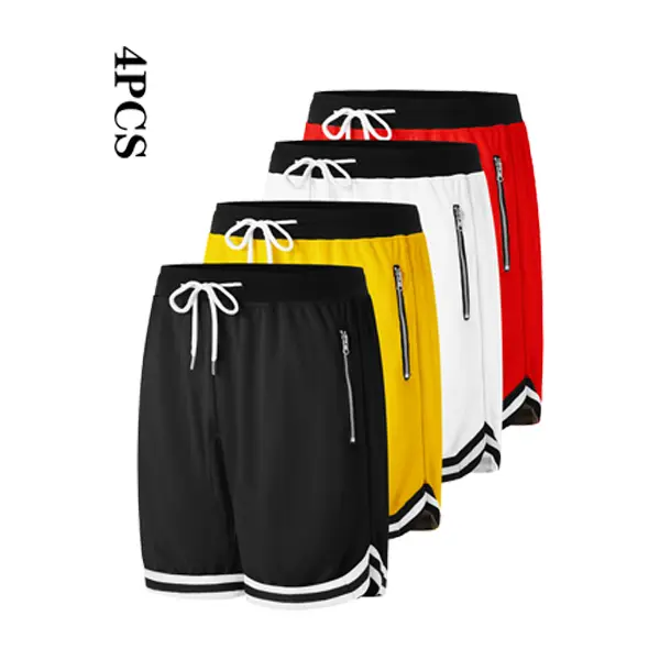 Men’s casual athletic shorts, 4-piece set Basketball shorts with zippered pockets, multiple colors, 4-piece set Basketball athletic shorts, 4-piece set
