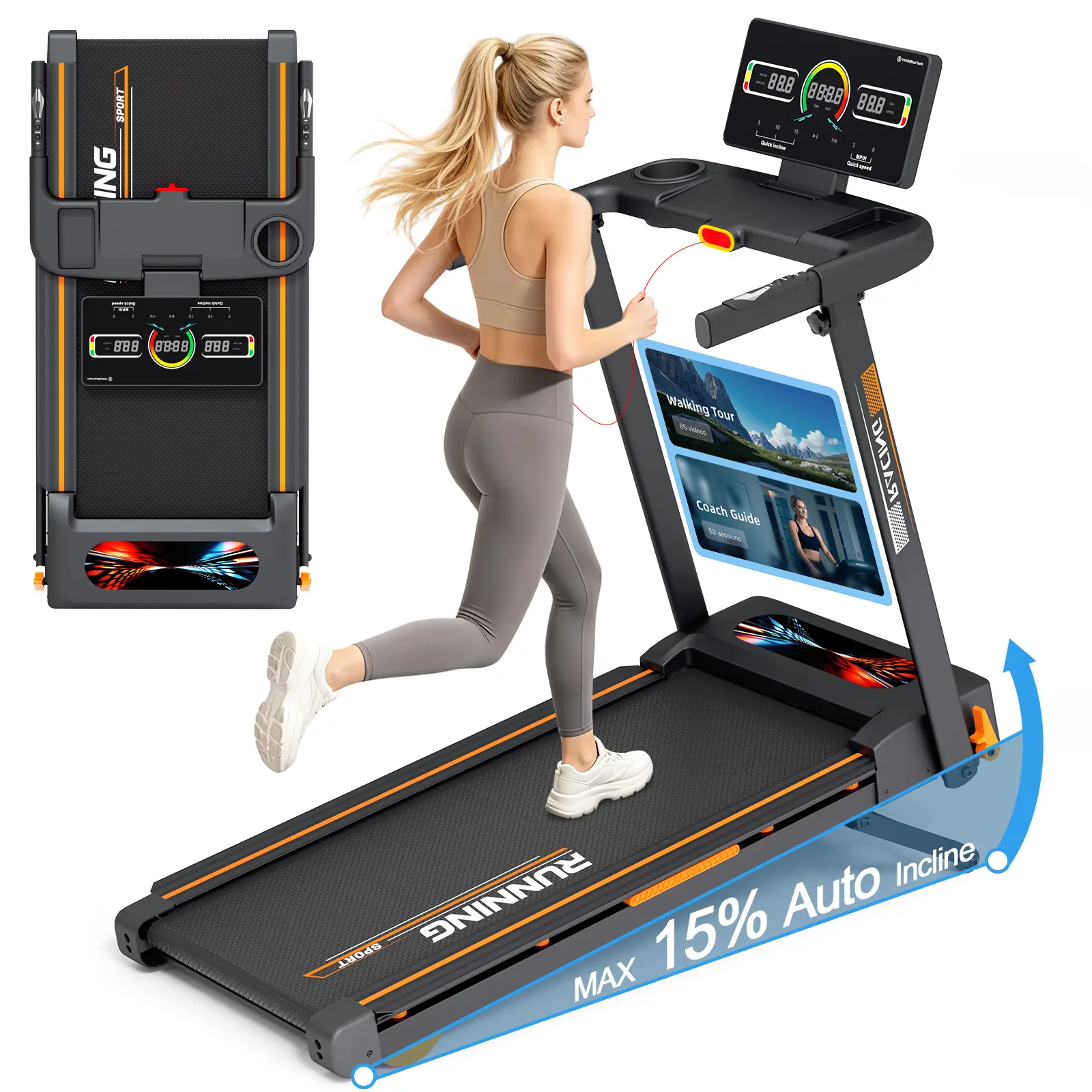 Foldable Smart Treadmill with 15% Auto Incline & HD Touchscreen – 3.0 HP Quiet Motor, 330 LBS Capacity, Bluetooth App Interactive Control, Built-in Speaker & Heart Rate Monitor, 8 Shock Absorbers & Workstation Desk, Home Gym Equipment, Incline Walking Pad