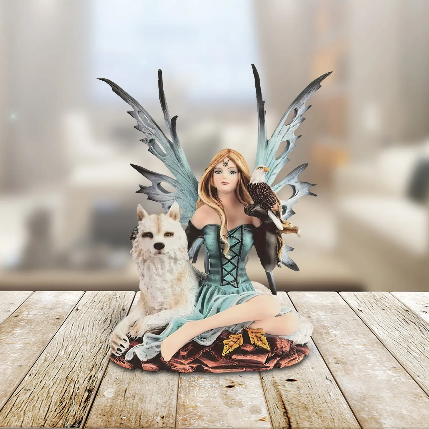 8"H Blue Fairy with Wolf and Eagle Statue Fantasy Decoration Figurine